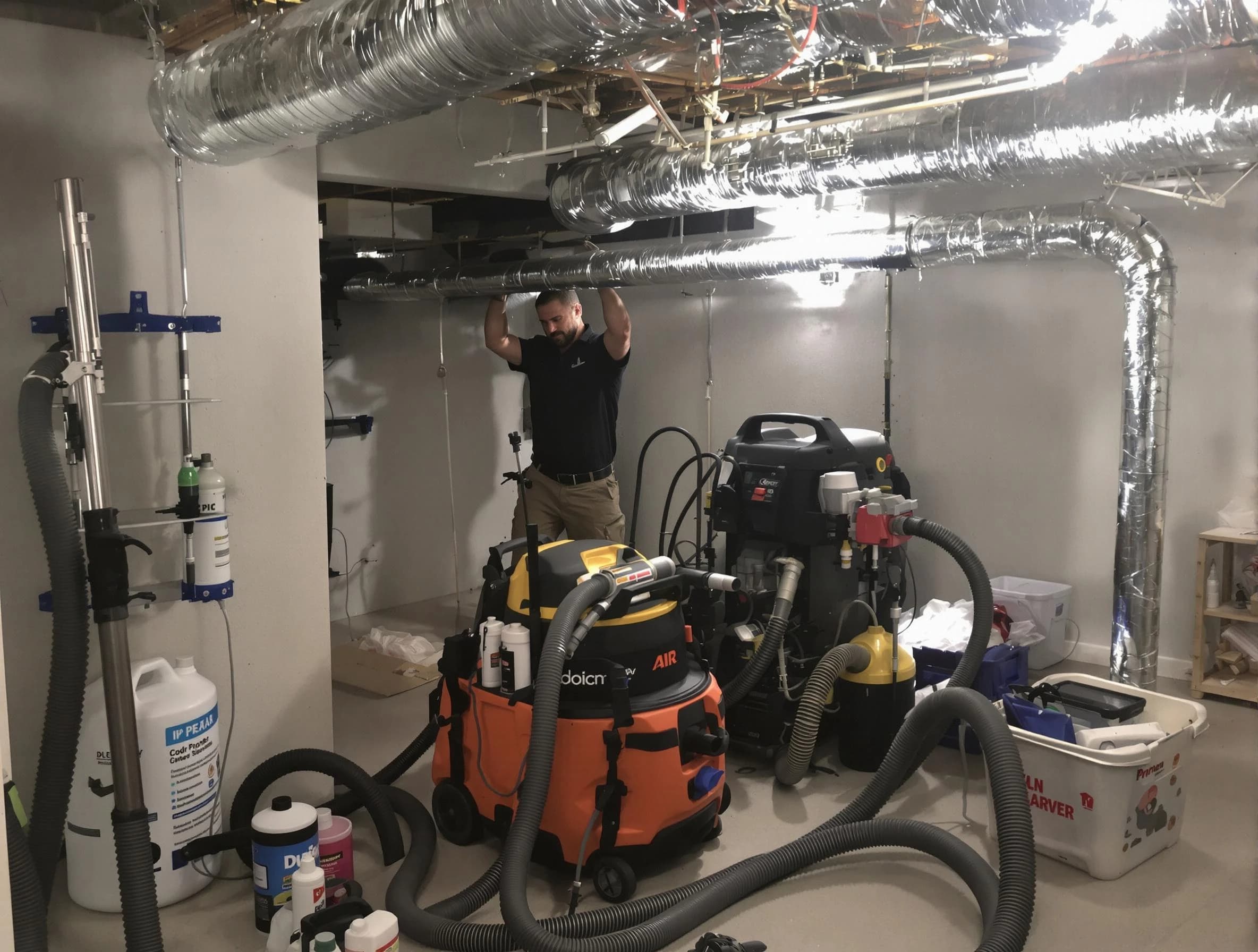 Springville Air Duct Cleaning specialist performing professional mold removal from air ducts using safety equipment in Springville
